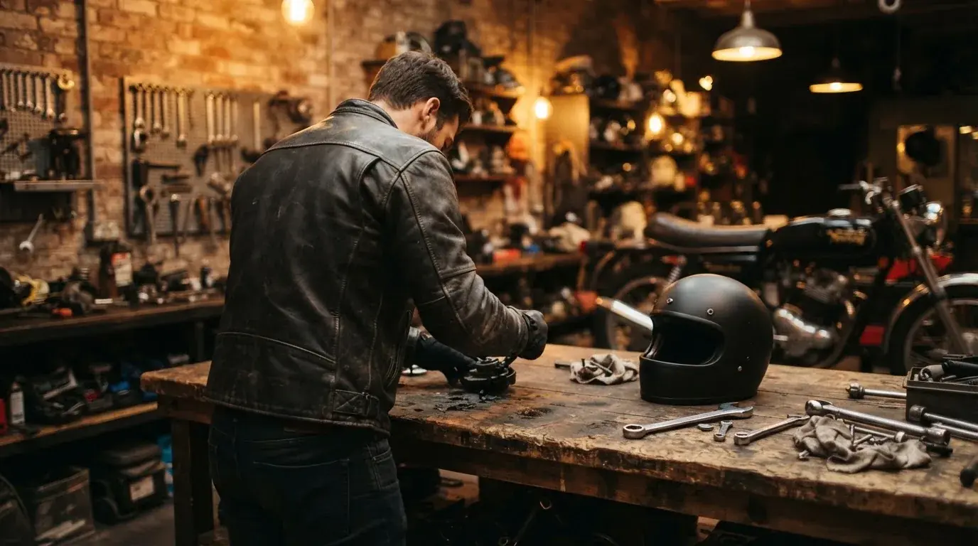 Ein schwarzer Motorradhelm ohne Aufdruck liegt auf einer Werkbank neben einem Schraubenschlüssel, warmes Licht einer Werkstatt.