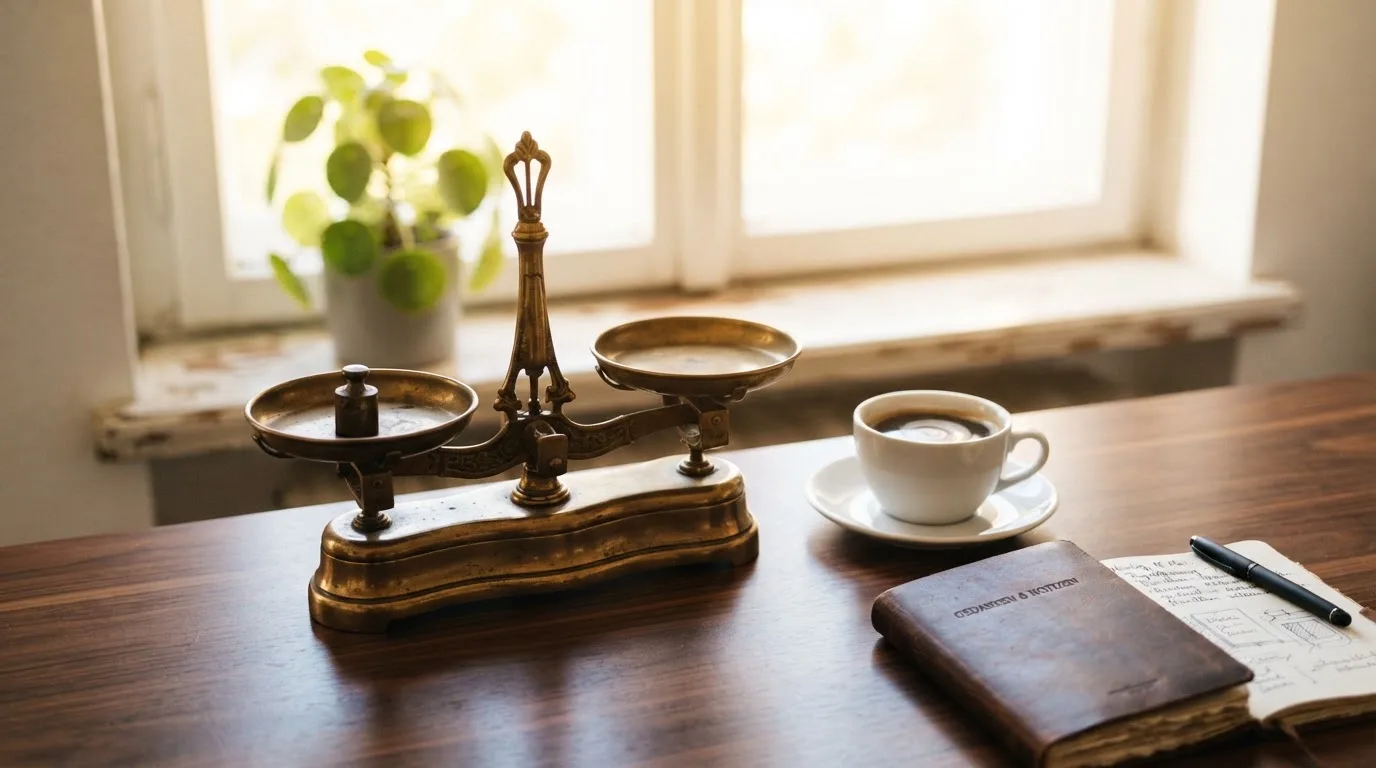 Eine Messingwaage steht auf einem Holzschreibtisch neben einer Kaffeetasse, im Hintergrund ein helles Fenster.