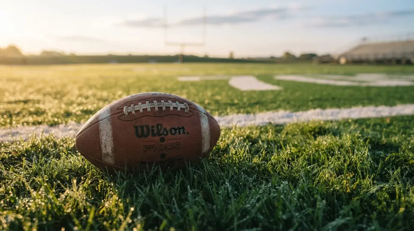 Ein ovaler Lederball mit heller Schnürung liegt auf dem Rasen vor der Endzone, Tau auf dem Gras im ersten Morgenlicht.