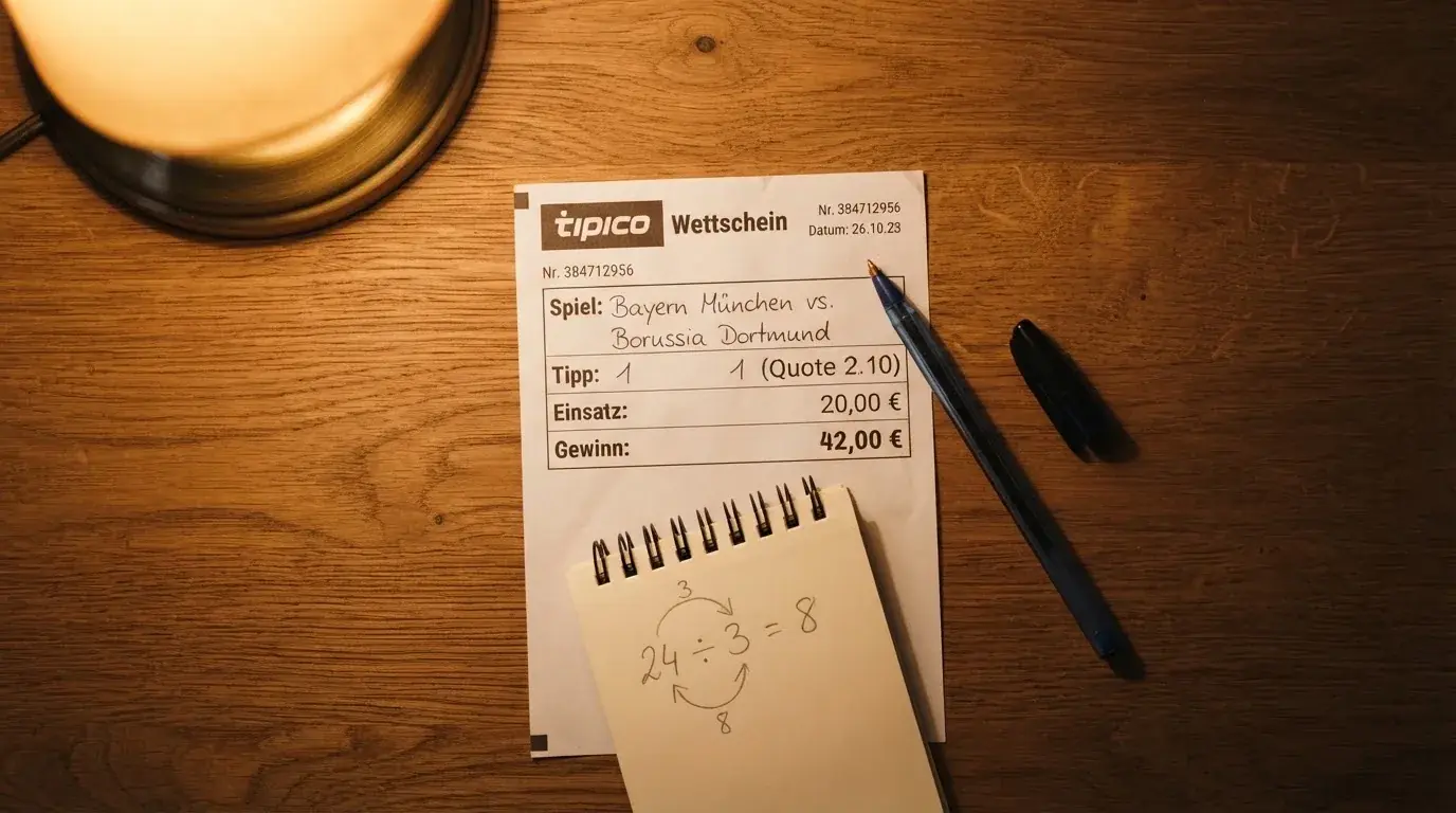 Ein leerer Papierwettschein, ein Kugelschreiber und ein Taschenrechner liegen auf einem Holztisch, warmes Licht einer Schreibtischlampe.