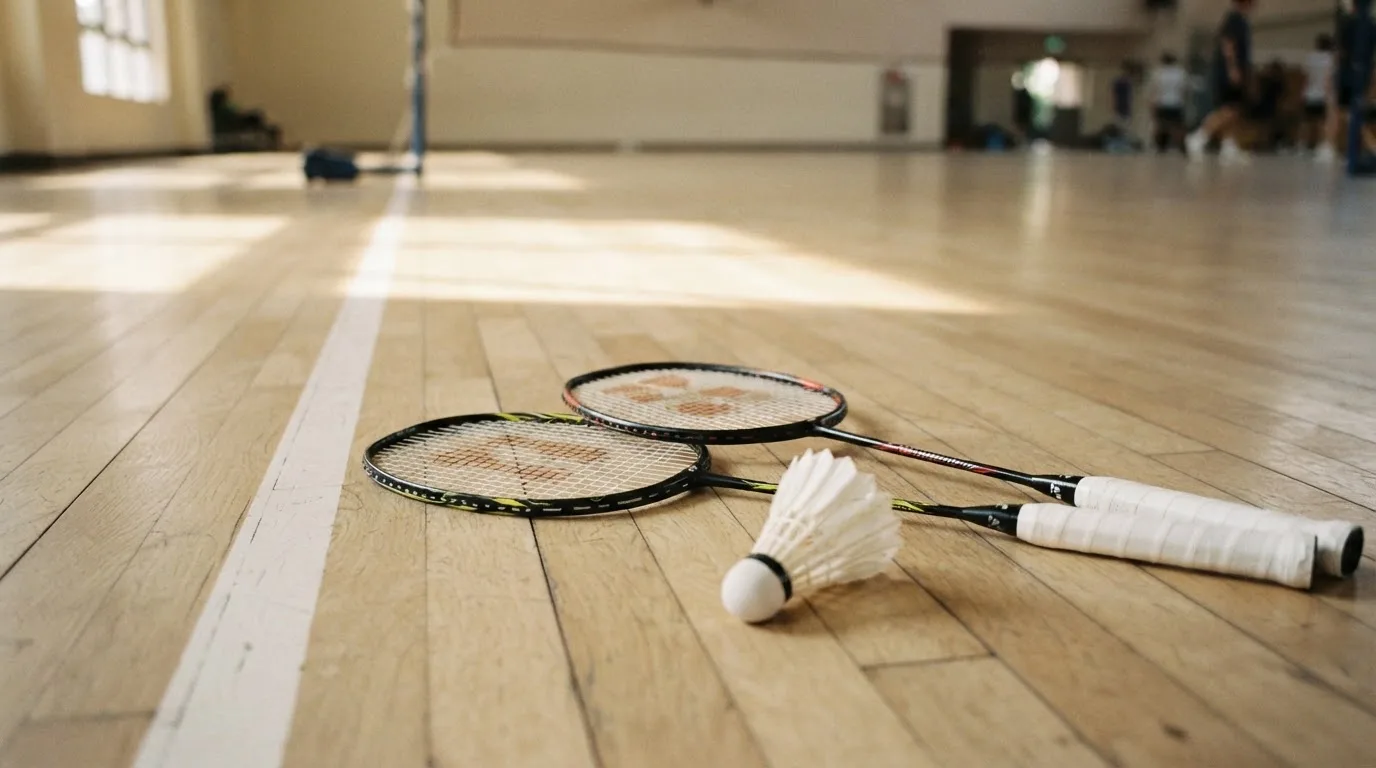 Zwei Badmintonschläger und ein Federball liegen auf einem Holzboden neben der Seitenlinie, weiches Licht fällt von der Seite ein.