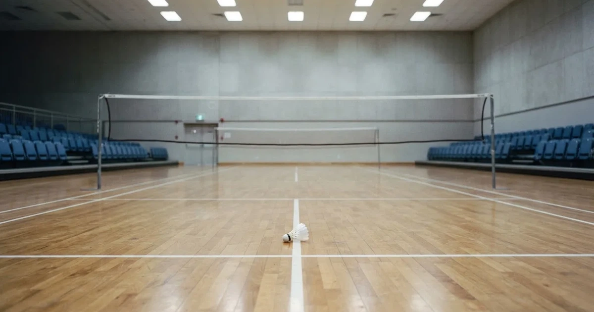 Eine leere Badmintonhalle mit gespanntem Netz und hellen Hallenlichtern, ein Federball liegt auf dem Hallenboden.