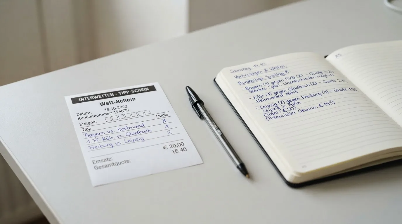 Ein leerer Papierwettschein und ein Kugelschreiber auf einer glatten Schreibtischplatte, daneben ein aufgeschlagenes Notizbuch mit handschriftlichen Notizen.